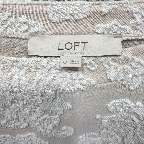 LOFT XS Lace Damask Textured Knit Top Ivory Cream Beige Mixed Media Long Sleeve - Picture 2 of 9